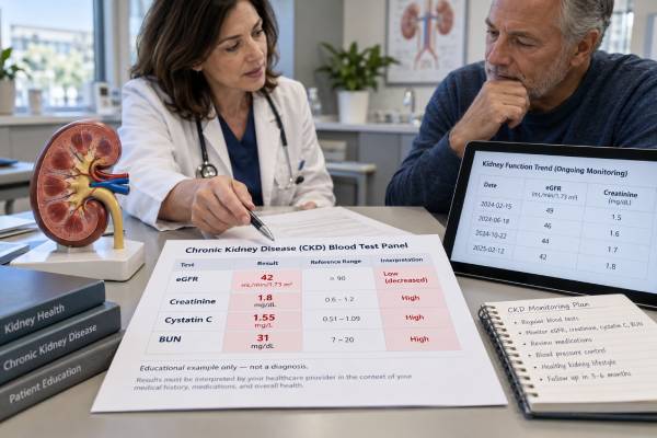 Understand the CKD blood test panel, including eGFR, creatinine, cystatin C, BUN, potassium, bicarbonate, urine albumin, CKD stages, and recommended monitoring intervals.