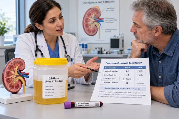Learn how a creatinine clearance test uses blood and 24-hour urine creatinine to estimate kidney filtration, what high or low results mean, and how it differs from eGFR and measured GFR.