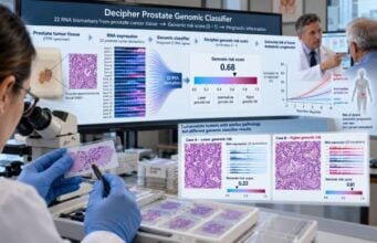 Learn how the Decipher prostate genomic classifier score estimates metastasis and prognosis, how low, intermediate, and high scores are interpreted, and when testing may affect prostate cancer treatment decisions.