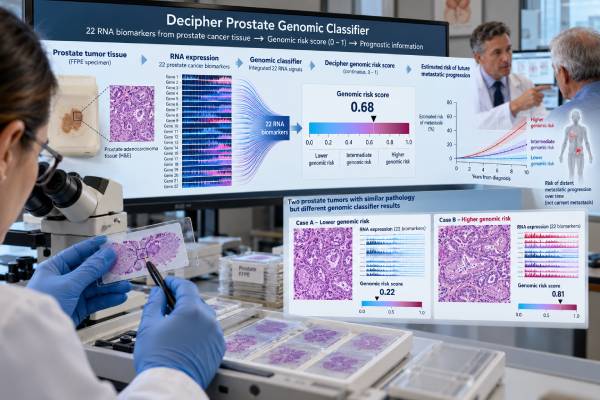 Decipher Prostate Genomic Classifier Test: Genomic Risk Score, Metastasis Risk, and Prognosis Learn how the Decipher prostate genomic classifier score estimates metastasis and prognosis, how low, intermediate, and high scores are interpreted, and when testing may affect prostate cancer treatment decisions.