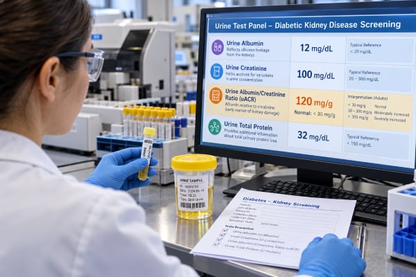 Diabetic Kidney Disease Urine Test Panel: uACR, Protein, Creatinine, and Albuminuria Learn how uACR, urine protein, creatinine, urinalysis, and eGFR are used to screen for and monitor diabetic kidney disease and albuminuria.