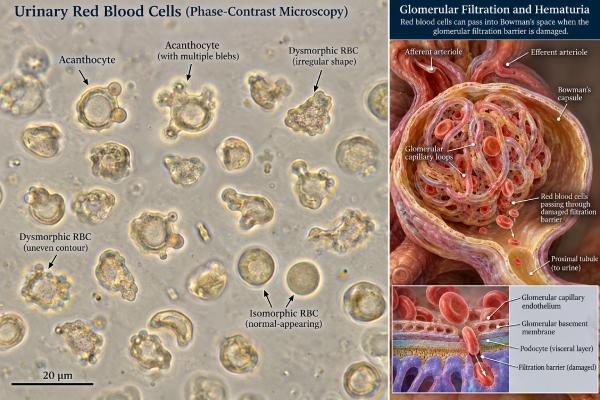 Dysmorphic Red Blood Cells in Urine: Glomerular Hematuria and Kidney Filter Disease Dysmorphic red blood cells in urine can point to glomerular hematuria. Learn what acanthocytes mean, common kidney causes, test limits, and follow-up.