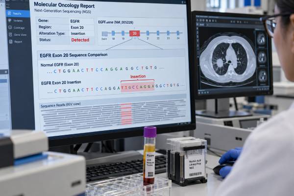 Understand EGFR exon 20 insertion testing in lung cancer, including what a positive or negative result means, tissue and ctDNA methods, limitations, and treatment relevance.