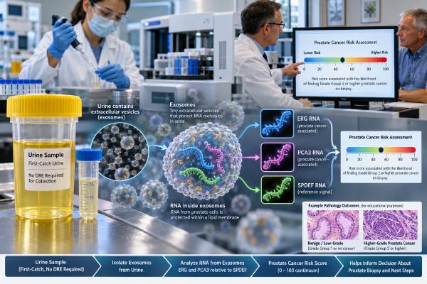 ExoDx Prostate Test: Urine Exosome Biomarkers, High-Grade Prostate Cancer Risk, and Meaning Learn what the ExoDx Prostate urine test measures, how the 15.6 EPI cutoff relates to high-grade prostate cancer risk, and how results guide biopsy decisions.
