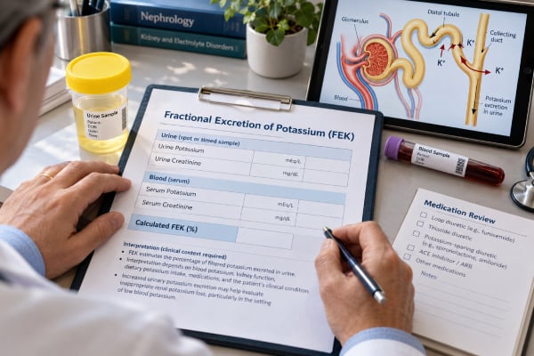 Fractional Excretion of Potassium (FEK) Test: Potassium Balance and Kidney Loss Learn how fractional excretion of potassium (FEK) is calculated and interpreted for kidney potassium loss, hypokalemia, hyperkalemia, and aldosterone-related disorders.