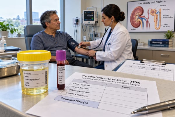 Fractional Excretion of Sodium (FENa) Test: Acute Kidney Injury and Volume Status Learn how FENa is calculated, what values below 1% or above 2% can mean, when diuretics and CKD make it unreliable, and how it fits into acute kidney injury evaluation.