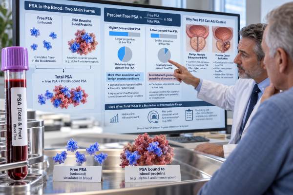 Free PSA Test: Percent Free PSA, Prostate Cancer Risk, and Result Meaning Understand the free PSA test, percent free PSA ranges, why lower percentages raise prostate cancer risk, and how results can guide MRI or biopsy decisions.