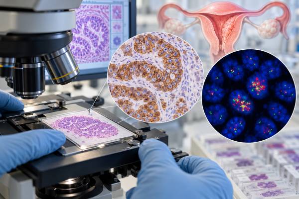 Learn how HER2 testing in endometrial cancer measures protein expression and ERBB2 amplification, how IHC and FISH results are interpreted, and why HER2 status can affect treatment in uterine serous carcinoma.