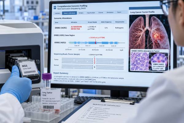 Understand HER2/ERBB2 mutation testing in lung cancer, including what a positive or negative result means, tissue and ctDNA methods, limitations, and treatment relevance.