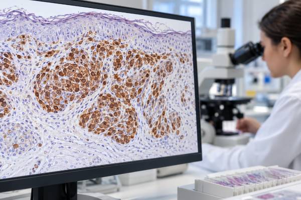 Learn what HMB-45 IHC positivity means, how the melanoma marker is interpreted with S100, SOX10, and Melan-A, and why staining alone is not diagnostic.