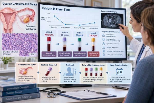 Inhibin B Test for Ovarian Cancer: Granulosa Cell Tumor Marker, Recurrence, and Monitoring Learn how inhibin B is used to detect and monitor ovarian granulosa cell tumors, what high results can mean, how the marker can signal recurrence, and why serial trends and menopausal status matter.