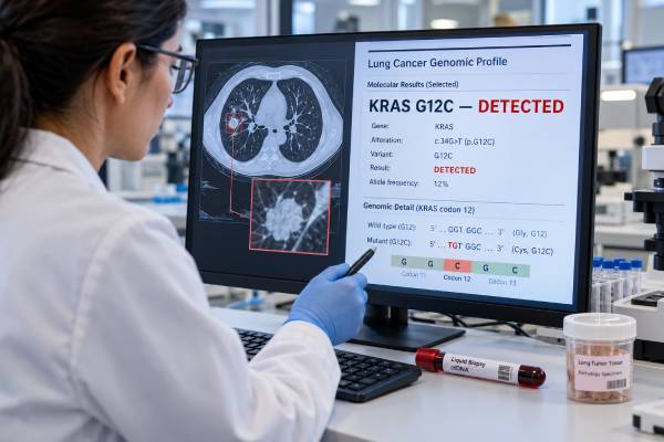 Understand KRAS G12C testing in lung cancer, including what a positive or negative result means, tissue and ctDNA methods, limitations, and treatment relevance.