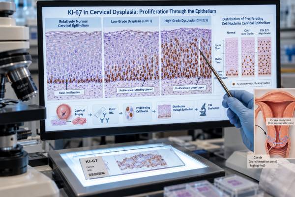 Ki-67 Test for Cervical Dysplasia: Cell Proliferation Marker and CIN Evaluation Learn how Ki-67 staining reflects abnormal cervical cell proliferation, how p16/Ki-67 dual stain helps triage high-risk HPV results, and how Ki-67 relates to CIN1, CIN2, CIN3, colposcopy, and follow-up.