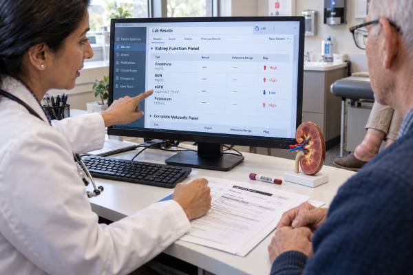 Learn how a kidney failure blood test panel uses creatinine, BUN, eGFR, potassium, bicarbonate, and other markers, plus which warning signs and complications may require urgent care.