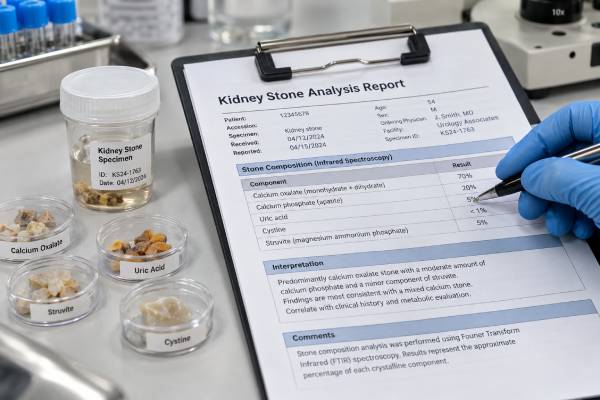 Kidney Stone Analysis Test: Stone Composition, Stone Types, and What Results Mean Learn how kidney stone analysis identifies calcium oxalate, calcium phosphate, uric acid, cystine, struvite, and mixed stones and how results guide prevention.