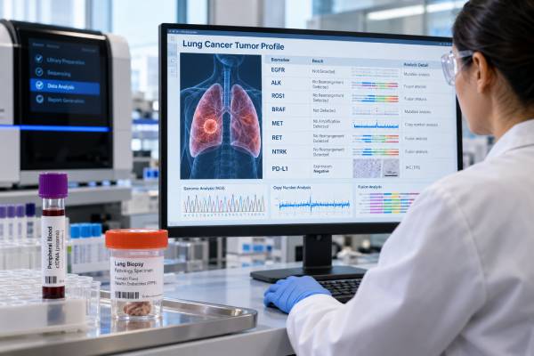 Understand lung cancer biomarker panels for EGFR, ALK, ROS1, BRAF, MET, RET, NTRK, PD-L1 and other drivers, including NGS, tissue versus liquid biopsy, and result meaning.