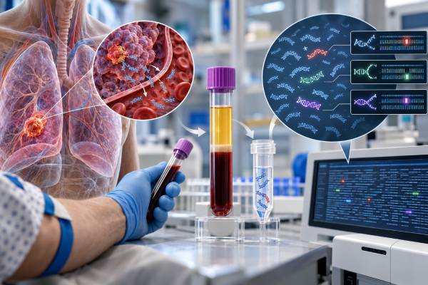 Learn how lung cancer liquid biopsy uses ctDNA to detect actionable mutations and resistance markers, what positive and negative results mean, and when tissue testing is still needed.