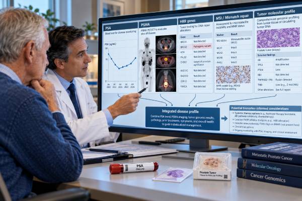 Metastatic Prostate Cancer Biomarker Panel: PSA, PSMA, HRR Genes, MSI, and Tumor Profile Learn how PSA, PSMA PET, HRR genes, MSI/dMMR, germline testing, tumor sequencing, and ctDNA guide treatment decisions in metastatic prostate cancer.