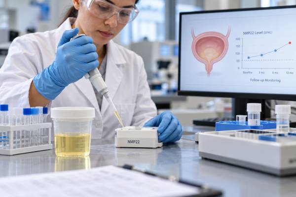 Understand the NMP22 urine test for bladder cancer, including the 10 U/mL cutoff, high results, false positives, BladderChek accuracy, and recurrence monitoring.