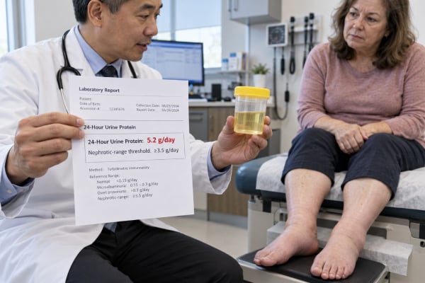 Nephrotic-Range Proteinuria Test: Very High Urine Protein and Nephrotic Syndrome Learn what nephrotic-range proteinuria means, how very high urine protein is measured, causes of nephrotic syndrome, key complications, and follow-up testing.