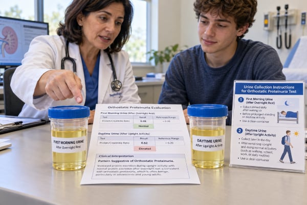 Orthostatic Proteinuria Test: Standing Protein Levels, Benign Proteinuria, and Diagnosis Learn how orthostatic proteinuria is diagnosed, why urine protein rises while standing, how first-morning UPCR helps confirm a benign pattern, and when follow-up is needed.