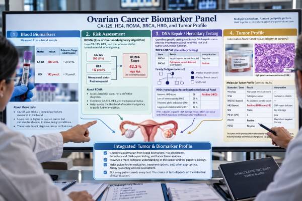 Ovarian Cancer Biomarker Panel: CA-125, HE4, ROMA, BRCA, HRD, and Tumor Profile Understand how an ovarian cancer biomarker panel uses CA-125, HE4, ROMA, BRCA, HRD, and tumor profiling for risk assessment, treatment, and follow-up.