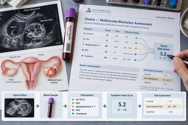 Overa Test: Ovarian Cancer Risk Assessment and Biomarker Score Meaning Learn what the Overa ovarian cancer risk test measures, how its 0-to-10 biomarker score and 5.0 cutoff are interpreted, and what high or low results mean before surgery.