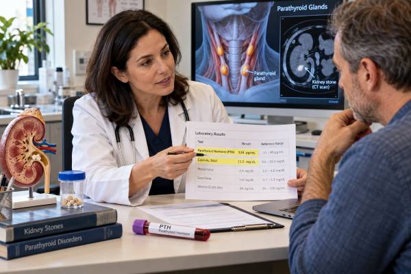 Learn how the PTH test helps evaluate kidney stones, including high calcium, primary and secondary hyperparathyroidism, urine calcium, and follow-up testing.