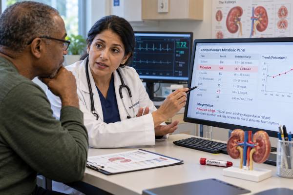 Learn how to interpret a potassium blood test in kidney disease, including high and low levels, heart risk, false highs, medication causes, diet, and urgent warning signs.