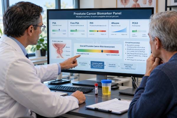 Prostate Cancer Biomarker Panel: PSA, Free PSA, PHI, 4Kscore, PCA3, and Risk Assessment Prostate cancer biomarker panels combine PSA, free PSA, PHI, 4Kscore, PCA3, MRI, and clinical risk factors to guide biopsy decisions and assess significant cancer risk.