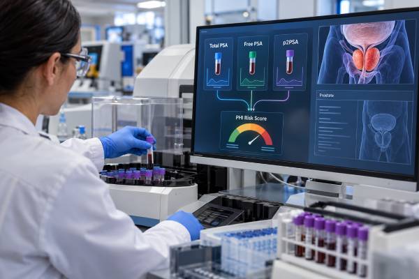 Prostate Health Index (PHI) Test: p2PSA, Free PSA, Total PSA, and Cancer Risk Score The Prostate Health Index combines p2PSA, free PSA, and total PSA into a cancer risk score that can help refine prostate biopsy decisions when PSA alone is uncertain.