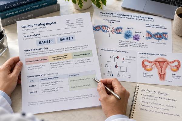 RAD51C and RAD51D Test for Ovarian Cancer: Hereditary Risk, DNA Repair, and Variant Meaning Learn what RAD51C and RAD51D ovarian cancer genetic tests mean, including hereditary risk, pathogenic variants, VUS results, preventive surgery, HRD biology, and family testing.