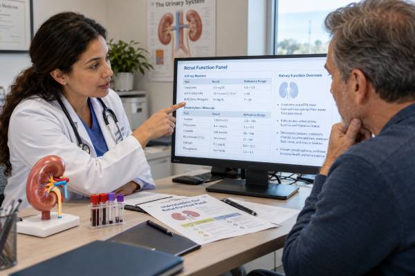 Learn what a renal function panel tests, including creatinine, eGFR, BUN, electrolytes, calcium, phosphorus, albumin, common result patterns, and kidney meaning.