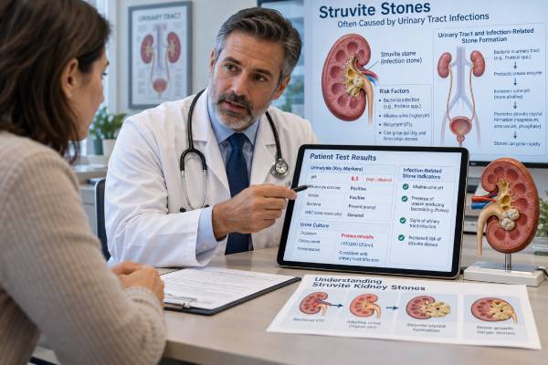 Learn how struvite stones are tested using stone analysis, urine pH, culture, bacteria, imaging, and follow-up for infection-related kidney stones.