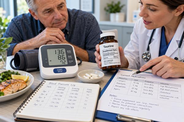 Taurine for Blood Pressure: Benefits, Dosage, and Safety Basics Taurine may lower blood pressure by a few mmHg in some adults. Learn what trials show, common 1–3 g doses, safety limits, side effects, and when medication interactions matter.