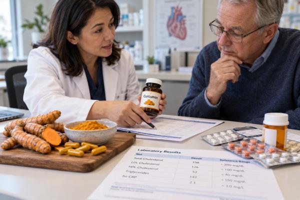 Turmeric for Heart Health: Inflammation, Cholesterol, and Drug Interactions Turmeric and curcumin may modestly affect inflammation and cholesterol, but supplements can interact with heart medicines and rarely cause liver injury.