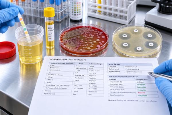 Understand a UTI test panel, including urinalysis, leukocyte esterase, nitrite, WBCs, urine culture, CFU colony count, and antibiotic susceptibility results.