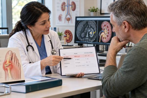 Learn how to interpret a uric acid blood test, including high and low levels, gout risk, uric acid kidney stones, CKD associations, treatment targets, and next steps.