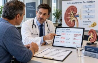Understand uric acid stone risk testing, including acidic urine pH, 24-hour uric acid, urine volume, metabolic causes, result patterns, and follow-up.