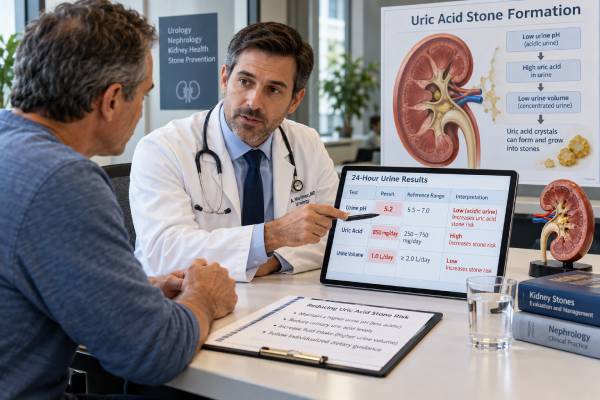 Understand uric acid stone risk testing, including acidic urine pH, 24-hour uric acid, urine volume, metabolic causes, result patterns, and follow-up.