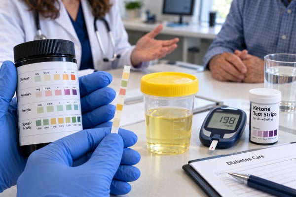 Urinalysis for Diabetes: Glucose, Ketones, Protein, Specific Gravity, and Meaning Learn how urinalysis is used in diabetes, including urine glucose, ketones, protein, albumin, specific gravity, DKA warning signs, and kidney follow-up.