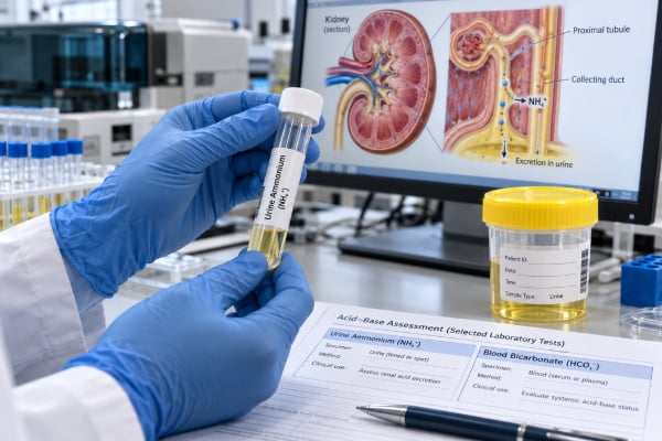 Urine Ammonium Test: Kidney Acid Excretion and Metabolic Acidosis Evaluation Learn how urine ammonium measures kidney acid excretion, why low levels matter in renal tubular acidosis and CKD, and how direct NH₄⁺ testing compares with the urine anion and osmolal gaps.