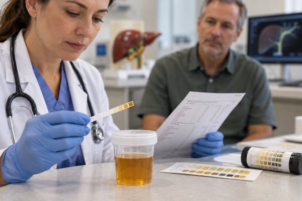 Urine Bilirubin Test: Positive Result, Liver Disease, Bile Duct Problems, and Meaning A positive urine bilirubin test usually means conjugated bilirubin is entering the urine and can signal liver disease, cholestasis, or bile duct obstruction. Learn how bilirubin and urobilinogen patterns, false results, blood tests, and imaging help identify the cause.