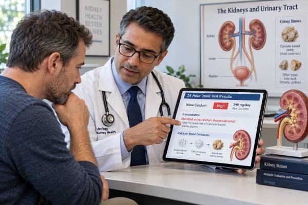 Understand urine calcium testing for kidney stones, including hypercalciuria ranges, causes, sodium and oxalate effects, stone risk, treatment, and follow-up.