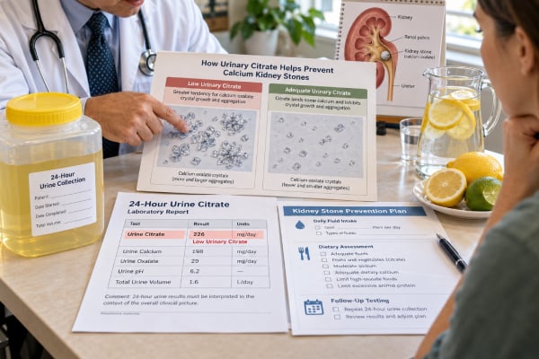 Urine Citrate Test: Kidney Stone Risk, Low Citrate, and Urine Chemistry Learn what a urine citrate test shows, why low citrate raises kidney stone risk, common causes of hypocitraturia, and how diet and potassium citrate affect results.
