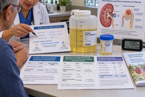 Urine Creatinine Test: Kidney Function, Collection Check, Ratio Tests, and Meaning Learn how urine creatinine is used for collection checks, uACR and UPCR ratios, creatinine clearance, and why spot or 24-hour results can be high or low.