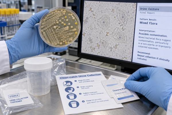 Urine Culture Contamination: Mixed Flora, Epithelial Cells, and Repeat Testing Meaning Learn what urine culture contamination means, how mixed flora and squamous epithelial cells affect interpretation, when repeat testing is useful, and how to collect a cleaner specimen.