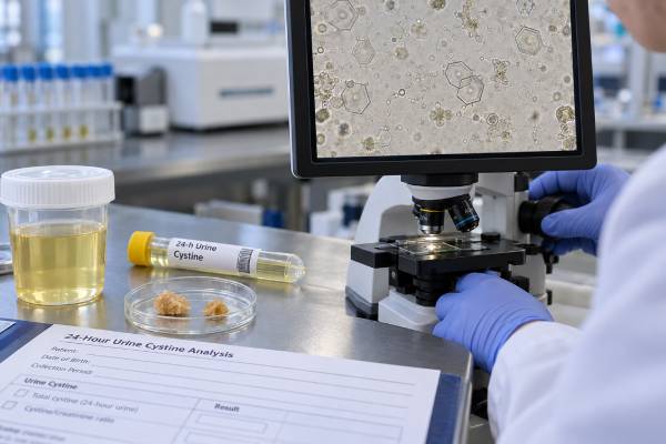 Understand urine cystine testing for cystinuria, including high cystine results, 24-hour urine targets, cystine capacity, pH, fluid goals, treatment, and follow-up.