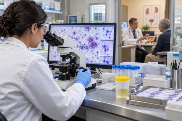 Learn how urine cytology detects cancer cells, what atypical urothelial cells mean, why negative cytology can miss low-grade bladder cancer, and what follow-up may be needed.