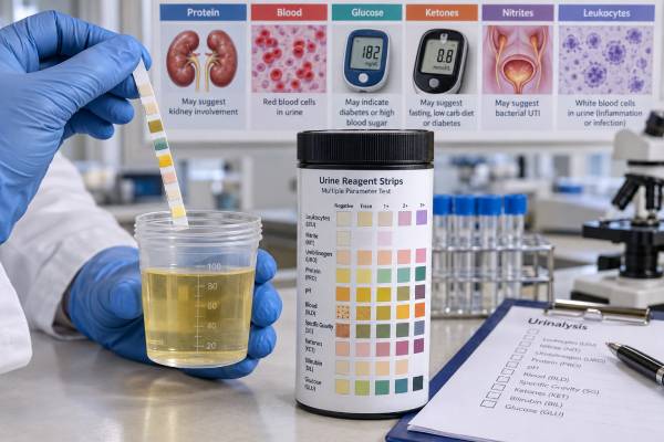 Urine Dipstick Test Protein, Blood, Glucose, Ketones, Nitrites, and Leukocytes Understand urine dipstick test: protein, blood, glucose, ketones, nitrites, and leukocytes, including what the result measures, common causes, false results, confirmatory testing, and when medical follow-up matters.